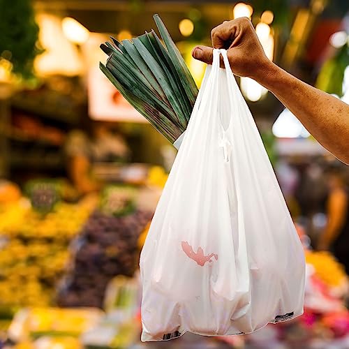 Bolsas de Plástico Tipo Camiseta Resistentes, Reutilizables y Recicladas 70% Cumple Normativa, Tamaño Mediana - 42x53 cm