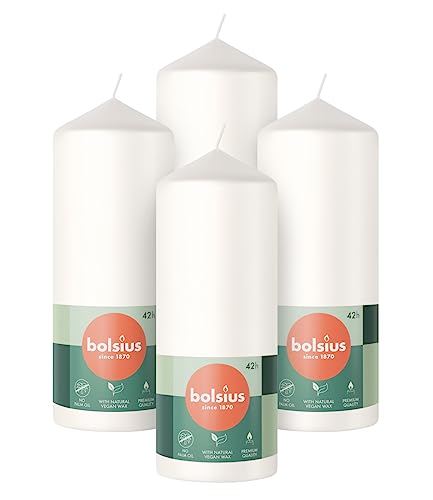 Bolsius Velas de pilar lisas, color blanco, paquete de 4, 15 x 6 cm, velas decorativas para el hogar, duración de combustión, 42 horas, sin perfume, cera vegetal natural, sin aceite de palma