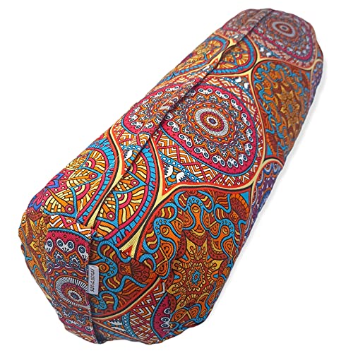 Bolster Yoga "Mandalas - Persa" – Cojín de Yoga - Funda extraíble y lavable - Relleno de cáscara espelta ecológica - Asa de transporte - 64x20cm