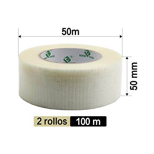 BOMEI PACK 50mm x 50m Cinta De Filamento, Claro Filamento Cinta de Flejado, Cinta de Fibra de Vidrio, Cinta de Sellado De Uso Pesado Impermeable, 2 ROLLOS