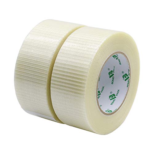 BOMEI PACK 50mm x 50m Cinta De Filamento, Claro Filamento Cinta de Flejado, Cinta de Fibra de Vidrio, Cinta de Sellado De Uso Pesado Impermeable, 2 ROLLOS