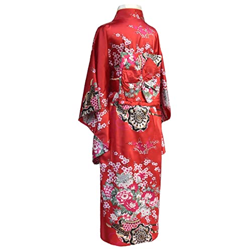 Bon amixyl kimono japonés mujer tradicional joven señora Yukata con vestido traje de cosplay albornoz satinado, rojo, M