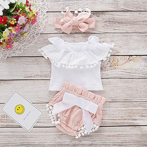 Bonfor 3 Piezas Ropa Bebe Niña 0-3 meses Verano Algodon Mono de Volantes con Borla + Pantalón Corto + Banda de Pelo para 0-24 Meses Recien Nacido Niño (Rosa, 0-6 meses)