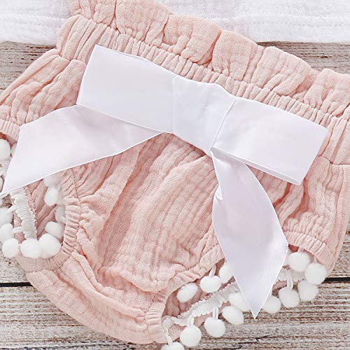 Bonfor 3 Piezas Ropa Bebe Niña 0-3 meses Verano Algodon Mono de Volantes con Borla + Pantalón Corto + Banda de Pelo para 0-24 Meses Recien Nacido Niño (Rosa, 0-6 meses)