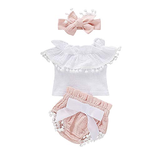 Bonfor 3 Piezas Ropa Bebe Niña 0-3 meses Verano Algodon Mono de Volantes con Borla + Pantalón Corto + Banda de Pelo para 0-24 Meses Recien Nacido Niño (Rosa, 0-6 meses)