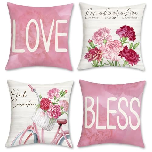 Bonhause Fundas de Cojín Flores Rosa 45 x 45 cm Funda de Almohada Clavel Flore Rosa Terciopelo Suave Rosa Cojines Decorativos para Sofá Cama Hogar Juego de 4