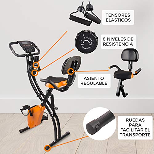 Bonplus BP | Bicicleta Estática Plegable | Bicicleta Magnética | 8 Niveles de Resistencia | Fácil de Transportar | con Bandas Elásticas | Pantalla LCD | Fitness