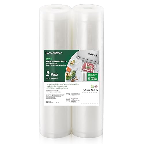 Bonsenkitchen 2 Rollos Bolsas para Envasadora al Vacío, 30 x 600cm Bolsas Gofradas para Conservación de Alimentos y Sous Vide Cocina, BPA Free