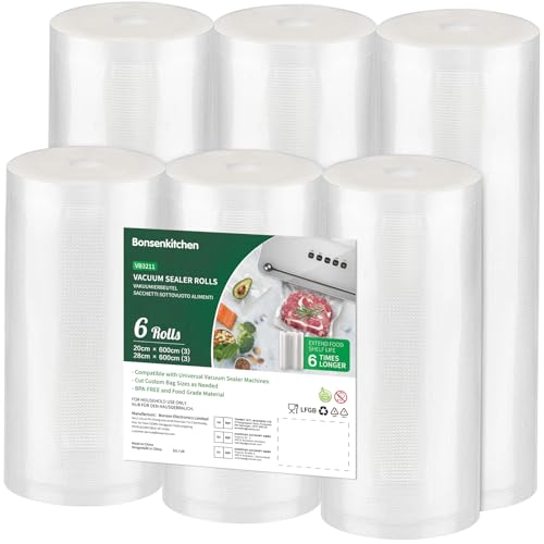 Bonsenkitchen Bolsas vacio Alimentos, 3 Rollos 28 x 600cm + 3 Rollos 20 x 600cm Bolsas Envasar al Vacio Alimentos para Conservación de Alimentos y Sous Vide Cocina & Boilable,sin BPA