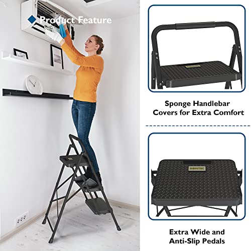 BONTEC Escaleras Plegables de 3 Escalones, Capacidad de 272KG con Pedales Antideslizantes Anchos, Taburete Escaleras de Mano de Acero, Manubrio de Esponja, Uso en Interiores y Exteriores, Negro