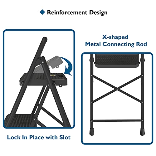 BONTEC Escaleras Plegables de 3 Escalones, Capacidad de 272KG con Pedales Antideslizantes Anchos, Taburete Escaleras de Mano de Acero, Manubrio de Esponja, Uso en Interiores y Exteriores, Negro