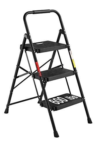 BONTEC Escaleras Plegables de 3 Escalones, Capacidad de 272KG con Pedales Antideslizantes Anchos, Taburete Escaleras de Mano de Acero, Manubrio de Esponja, Uso en Interiores y Exteriores, Negro