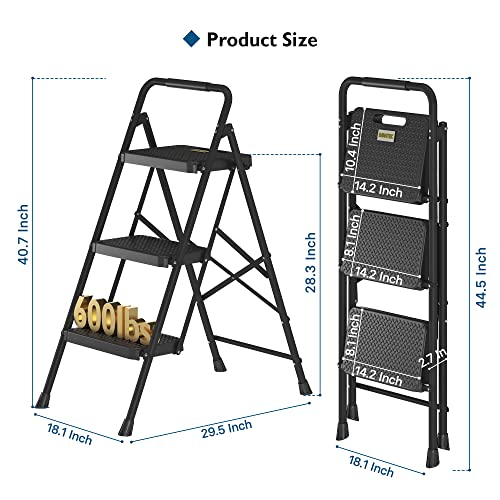 BONTEC Escaleras Plegables de 3 Escalones, Capacidad de 272KG con Pedales Antideslizantes Anchos, Taburete Escaleras de Mano de Acero, Manubrio de Esponja, Uso en Interiores y Exteriores, Negro