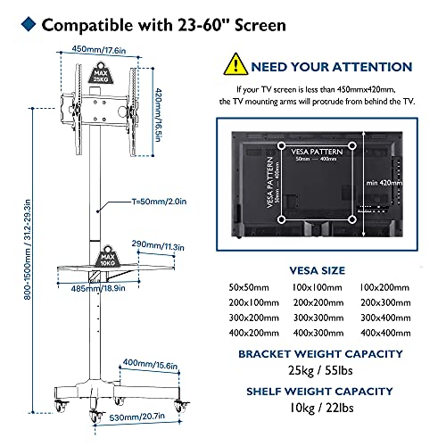 BONTEC Soporte TV con Ruedas para Suelo para 23-60 Pulgadas Plasma/LCD/LED Soportes de Pie para Pantalla Plana Móvil Carro de Exhibición Trole, Máx. VESA 400x400 mm Blanco