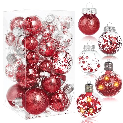 BoriYa Bolas de Navidad con Luz LED - 36 Piezas Rojas Bolas Arbol de Navidad Irrompibles,Plástico Transparentes Rellenables Bolas Árbol de Navidad Set 8cm 6cm 4cm,Adornos de Navidad para Interiores