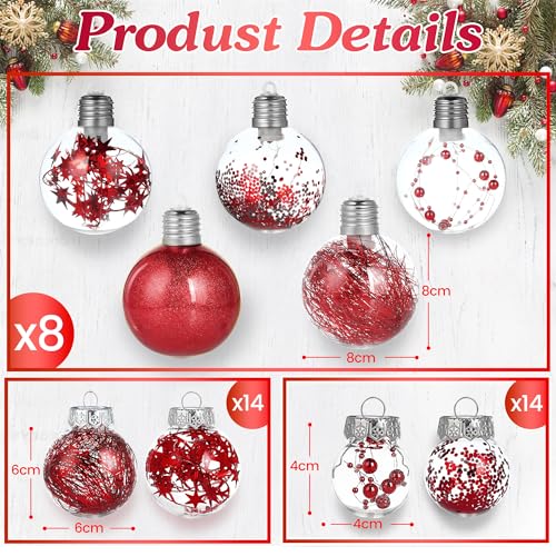 BoriYa Bolas de Navidad con Luz LED - 36 Piezas Rojas Bolas Arbol de Navidad Irrompibles,Plástico Transparentes Rellenables Bolas Árbol de Navidad Set 8cm 6cm 4cm,Adornos de Navidad para Interiores