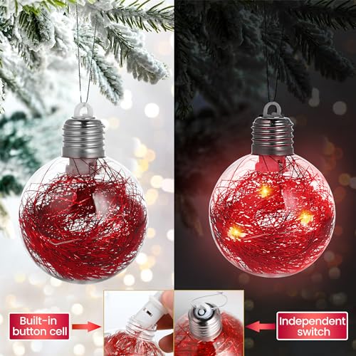 BoriYa Bolas de Navidad con Luz LED - 36 Piezas Rojas Bolas Arbol de Navidad Irrompibles,Plástico Transparentes Rellenables Bolas Árbol de Navidad Set 8cm 6cm 4cm,Adornos de Navidad para Interiores