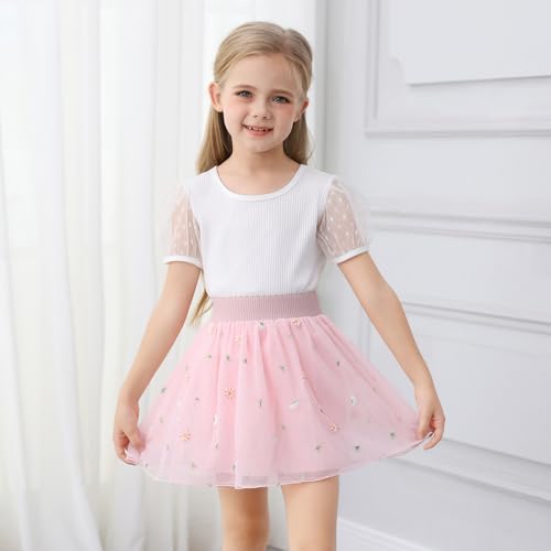 boruizhen Falda de Tul para Niñas Faldas de Tutú Bebé Falda de Baile Princesa Tutu Skirt de Tul Patrón de Bordado Falda Ballet 6-10 Años Rosa