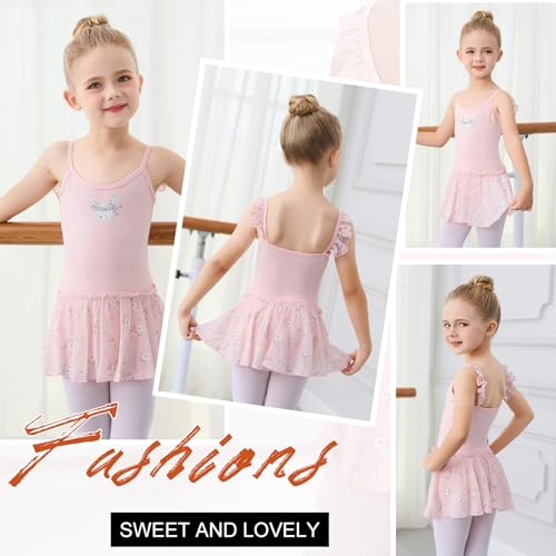 boruizhen Maillot Ballet Niña Vestido de Danza Algodón Gimnasia Leotardo Sin Mangas Ropa de Baile con Falda Estampada para Niñas 3-4 Años Rosa