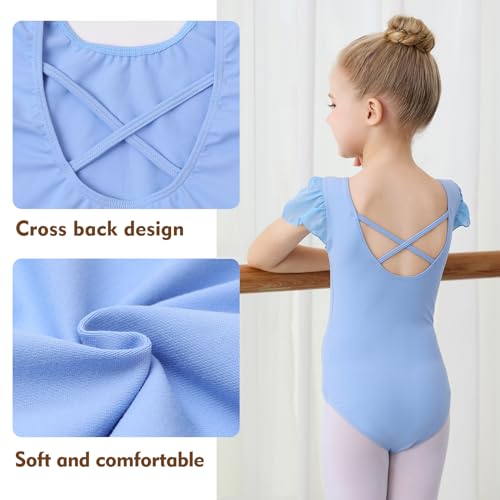 boruizhen Maillot de Ballet Danza Leotardo Gimnasia Manga Corta Manga de Soplo Body Clásico para Niña Azul 6-8 Años Estilo de Correa Cruzada