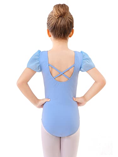 boruizhen Maillot de Ballet Danza Leotardo Gimnasia Manga Corta Manga de Soplo Body Clásico para Niña Azul 6-8 Años Estilo de Correa Cruzada