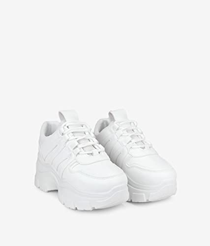 BOSANOVA Zapatillas con Total Look Blanco, Detalle de Trekking en los Cordones y Ligera Suela de Plataforma de 6,5 cm. Cierre con Cordones. Calzado para Mujer Blanco 37