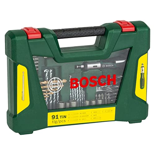 Bosch Maletín de 91 V-Line unidades para taladrar y atornillar (para madera, piedra y metal, con destornillador dinamométrico y barra imantada, Accesorios herramientas de perforación y atornillado)