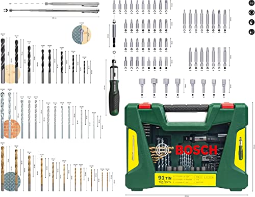 Bosch Maletín de 91 V-Line unidades para taladrar y atornillar (para madera, piedra y metal, con destornillador dinamométrico y barra imantada, Accesorios herramientas de perforación y atornillado)