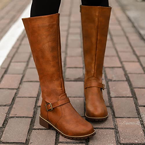 Botas Mujer Rodilla Alta Bota Invierno Cálidas Nieve Botas Piel Forrado de Tacón Cuadrado con Cremallera de Cuero con Punta Redonda Vintage Casual Zapatos Antideslizante Peso Ligero Bajo Botines