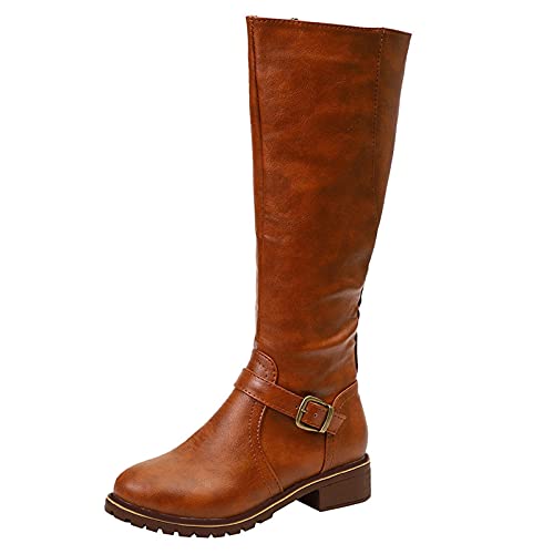 Botas Mujer Rodilla Alta Bota Invierno Cálidas Nieve Botas Piel Forrado de Tacón Cuadrado con Cremallera de Cuero con Punta Redonda Vintage Casual Zapatos Antideslizante Peso Ligero Bajo Botines