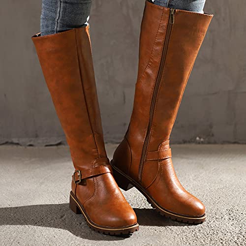 Botas Mujer Rodilla Alta Bota Invierno Cálidas Nieve Botas Piel Forrado de Tacón Cuadrado con Cremallera de Cuero con Punta Redonda Vintage Casual Zapatos Antideslizante Peso Ligero Bajo Botines