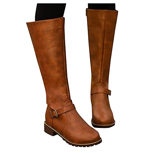 Botas Mujer Rodilla Alta Bota Invierno Cálidas Nieve Botas Piel Forrado de Tacón Cuadrado con Cremallera de Cuero con Punta Redonda Vintage Casual Zapatos Antideslizante Peso Ligero Bajo Botines