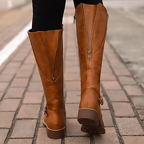 Botas Mujer Rodilla Alta Bota Invierno Cálidas Nieve Botas Piel Forrado de Tacón Cuadrado con Cremallera de Cuero con Punta Redonda Vintage Casual Zapatos Antideslizante Peso Ligero Bajo Botines