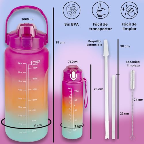 Botella 2 litros, pack botella agua 2 litros y botella 700ml. Botella gimnasio sin BPA, botella agua deporte motivadora con pajita, botella agua plastico a prueba de fugas (Rosa)