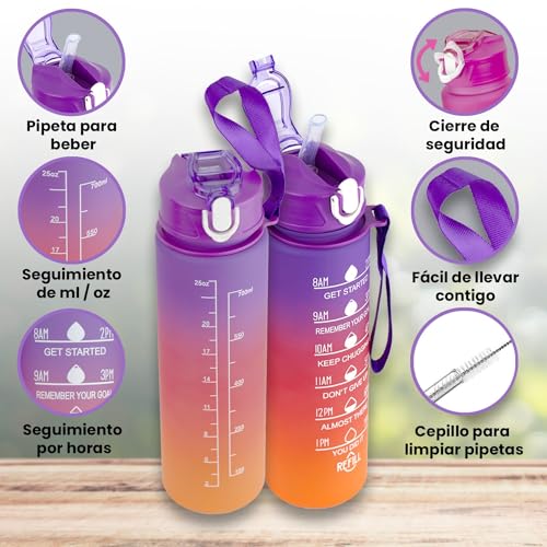 Botella 2 litros, pack botella agua 2 litros y botella 700ml. Botella gimnasio sin BPA, botella agua deporte motivadora con pajita, botella agua plastico a prueba de fugas (Rosa)