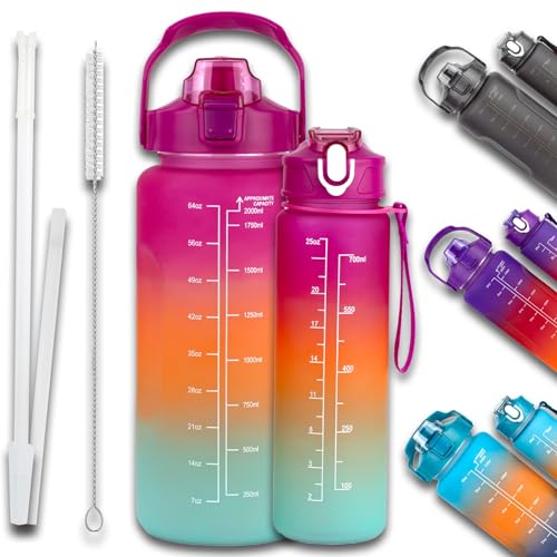 Botella 2 litros, pack botella agua 2 litros y botella 700ml. Botella gimnasio sin BPA, botella agua deporte motivadora con pajita, botella agua plastico a prueba de fugas (Rosa)