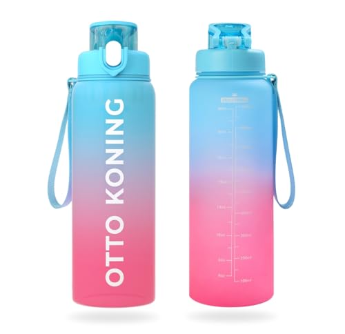 Botella Agua 1 litro -Otto Koning- Botella de Agua Deportiva con Marcador de Volumen, Botella de Agua 1000ml Reutilizable para Colegio, Bicicleta, Gimnasio, Camping. A Prueba de Fugas. Sin BPA