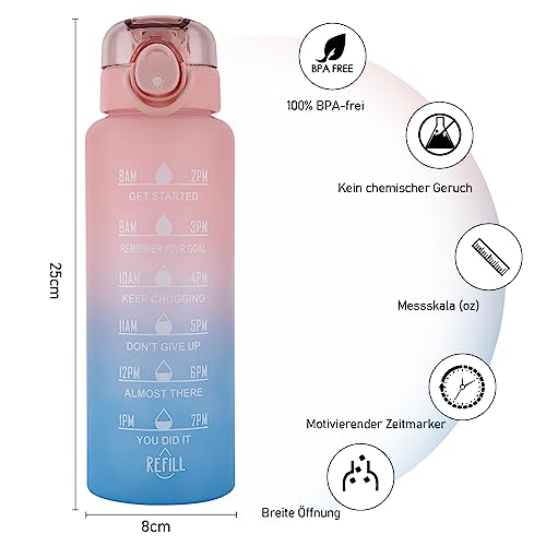 Botella de 1L, Botella Deportiva-[Material tritán Sin BPA], 1000ml Botella de Agua Motivacional con Pajita y Sello de Tiempo - Botella a Prueba de Fugas para Ciclismo, Camping, Gimnasio (Rosa/Azul)