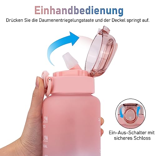 Botella de 1L, Botella Deportiva-[Material tritán Sin BPA], 1000ml Botella de Agua Motivacional con Pajita y Sello de Tiempo - Botella a Prueba de Fugas para Ciclismo, Camping, Gimnasio (Rosa/Azul)