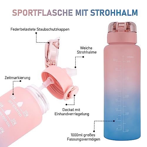 Botella de 1L, Botella Deportiva-[Material tritán Sin BPA], 1000ml Botella de Agua Motivacional con Pajita y Sello de Tiempo - Botella a Prueba de Fugas para Ciclismo, Camping, Gimnasio (Rosa/Azul)