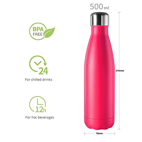 Botella de agua de acero inoxidable para 12 horas de bebidas calientes y 24 horas de bebidas frías. Ideal para el trabajo, el gimnasio, viajes. 500 ml, rosa