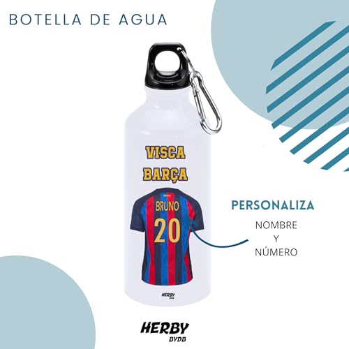 Botella de agua del barça personalizado con nombre, bidón de aluminio del barça, cantimplora del barça para niños de 600 ml con dos tapones, regalos personalizados del barça para niño (Barça)