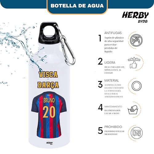 Botella de agua del barça personalizado con nombre, bidón de aluminio del barça, cantimplora del barça para niños de 600 ml con dos tapones, regalos personalizados del barça para niño (Barça)