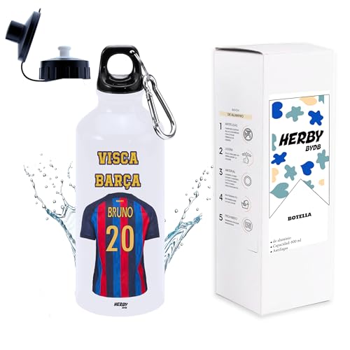 Botella de agua del barça personalizado con nombre, bidón de aluminio del barça, cantimplora del barça para niños de 600 ml con dos tapones, regalos personalizados del barça para niño (Barça)