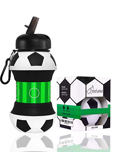 Botella de agua para niños de elefunkie - Regalos de fútbol para niños - Botella de agua única para niños, plegable, botella de agua para niños, sin BPA, botella de agua para niños de 500 ml, etiqueta