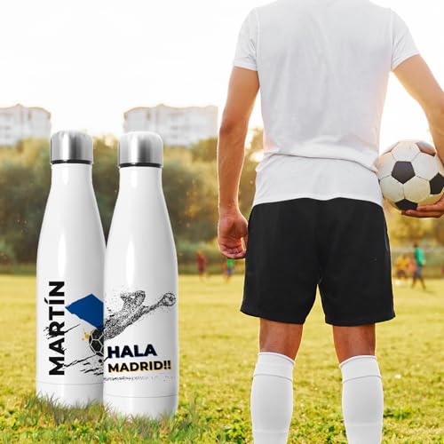 Botella Real Madrid. Botella de agua del Madrid personalizada con nombre y colores de tu equipo de fútbol. Tu Botellas de acero inoxidable térmicas de Doble Capa y del Madrid. Regalos Real Madrid