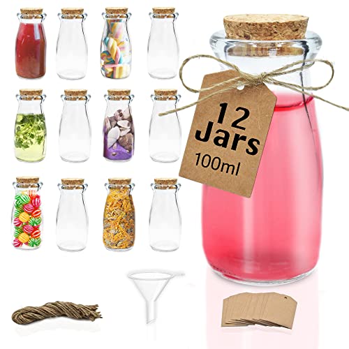 Botes de cristal pequeños (100ml o 3.4 onzas) Frascos de vidrio con tapa de corcho, botellitas para bodas, chuches en fiestas, (pack de 12), botellas con tapones, embudo y etiquetas con cordel