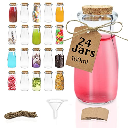 Botes de cristal pequeños (100ml o 3.4 onzas) Frascos de vidrio con tapa de corcho, botellitas para bodas, chuches en fiestas, (set de 24), botellas con tapones, embudo y etiquetas con cordel