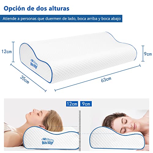 Bravedge Almohada Viscoelastica, Almohada Cervical, Antiácaros, Antialérgica y Transpirable, Almohada Ortopédica para Cama, Ideal para Dolores de Cuello, Forro Antibacteriano Extraíble y Lavable