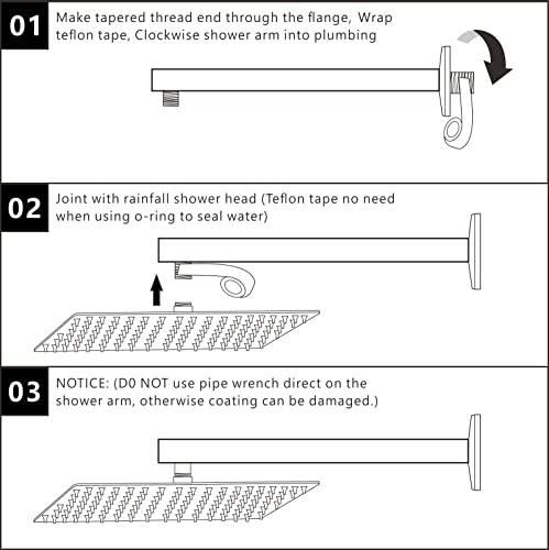 Brazo de Ducha de 40.6cm con Brida y Cinta de Politetrafluoroen, Brazo de Ducha Alargado por Voolan, Para Ducha de lluvia Fija en Baño, Acero Inoxidable Sólido, Montado en La Pared, Cromo